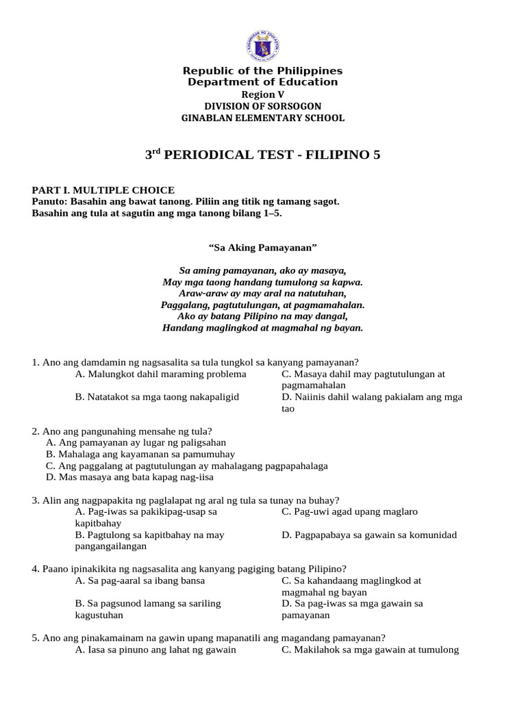 DTC - PT - Q3 FILIPINO 5 MATATAG With TOS KEY | PDF
