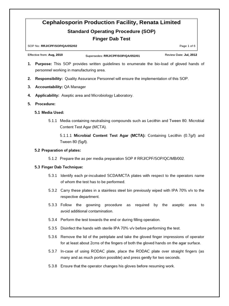 SOP For Finger Dab Technique | PDF