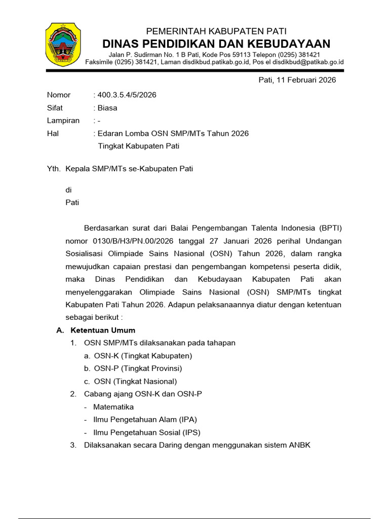 Surat Edaran OSN 2026 | PDF