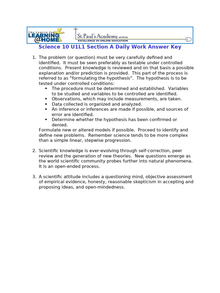 Sc10 U1L1 SectA Daily Work Answer Key | PDF