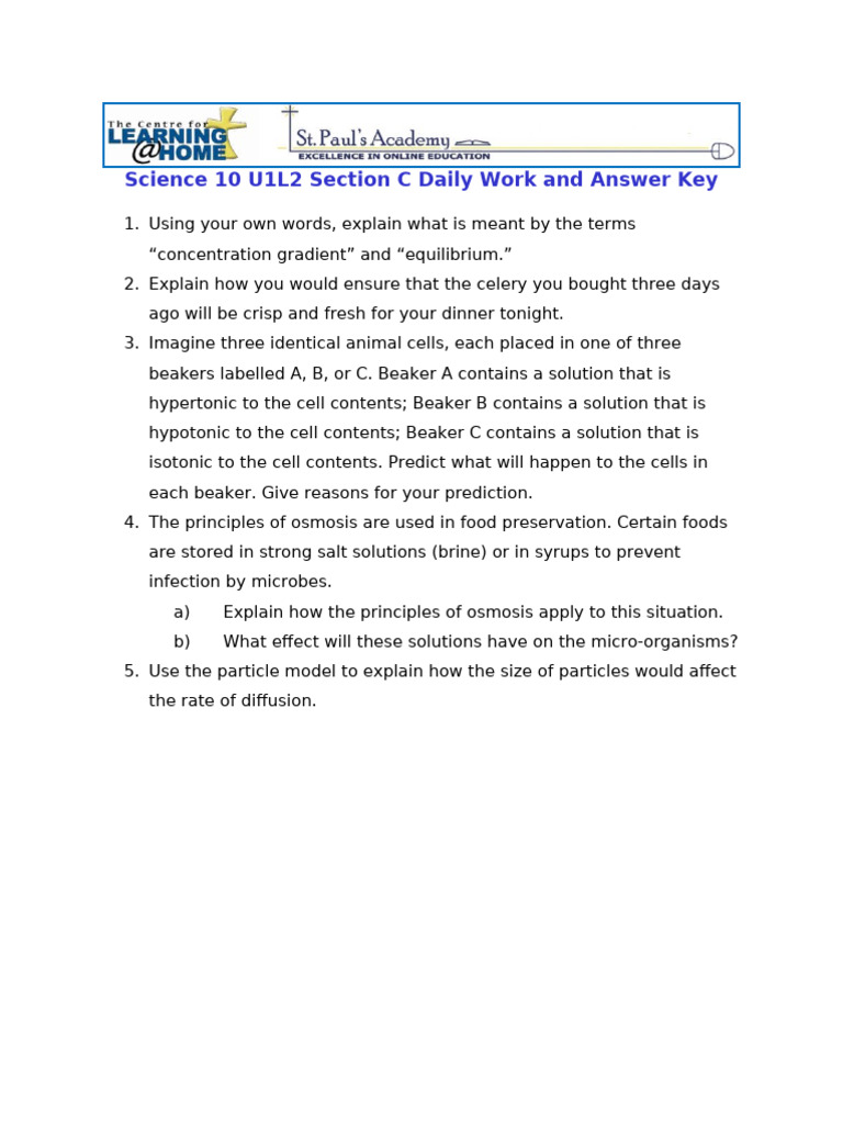Sc10 U1L2 SectC Daily Work and Answer Key | PDF | Osmosis | Biology