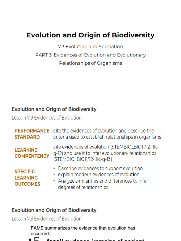 Lesson 7 and 8. Evidence of Evolution and Evolutionary Relationships ...
