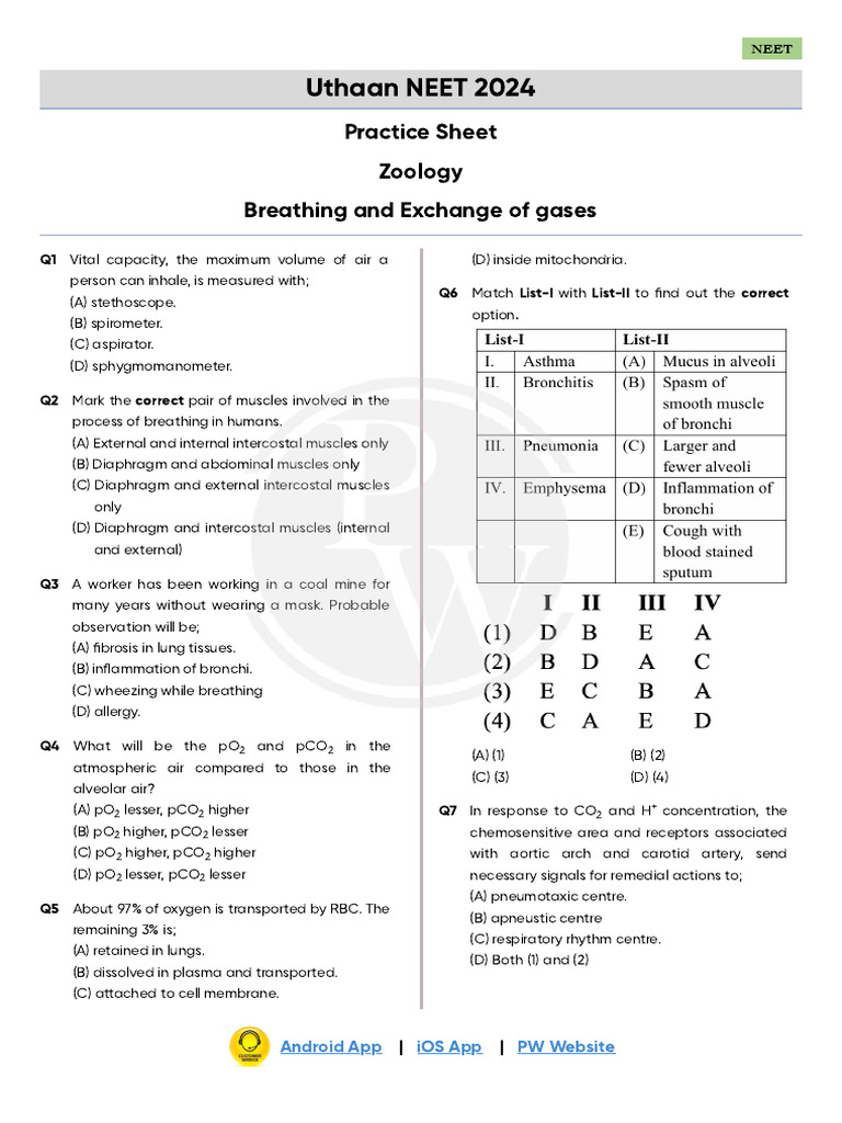 Breathing and Exchange of Gases - Practice Sheet - Uthaan NEET 2024 ...