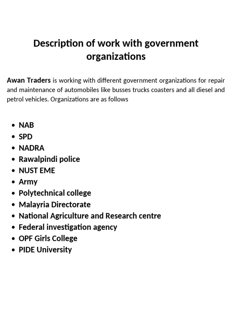Description of Work With Government Organizations | PDF