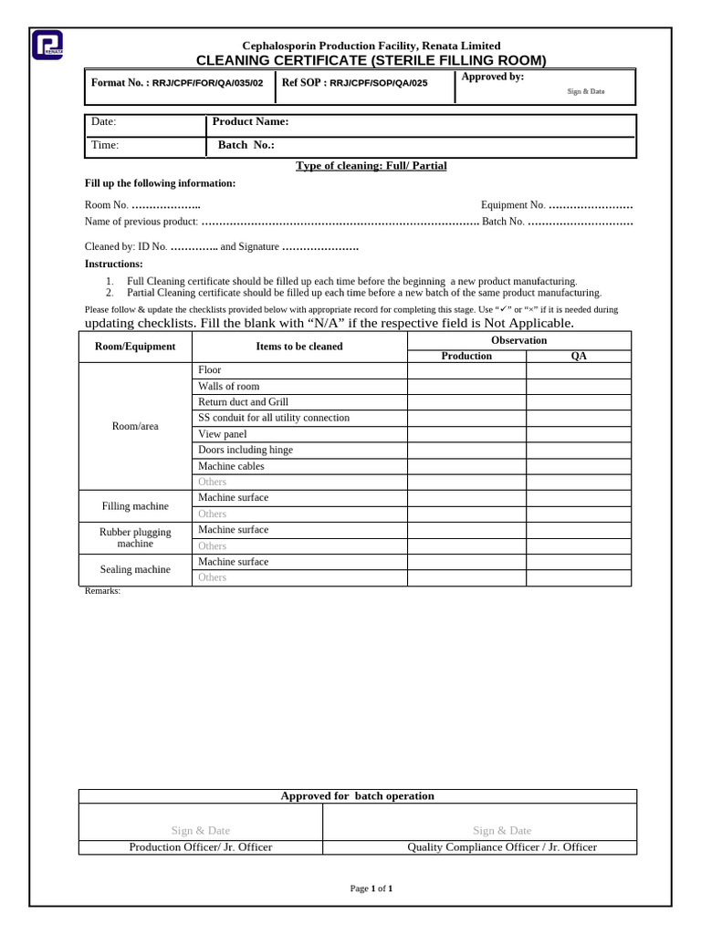 Cleaning Certificate (Stirile Filling) | PDF | Building Engineering
