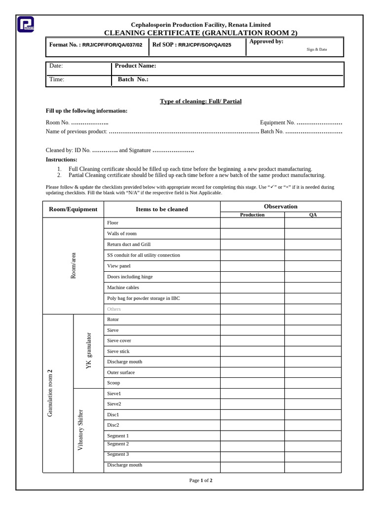 Cleaning Certificate (Granulation Room 2) | PDF