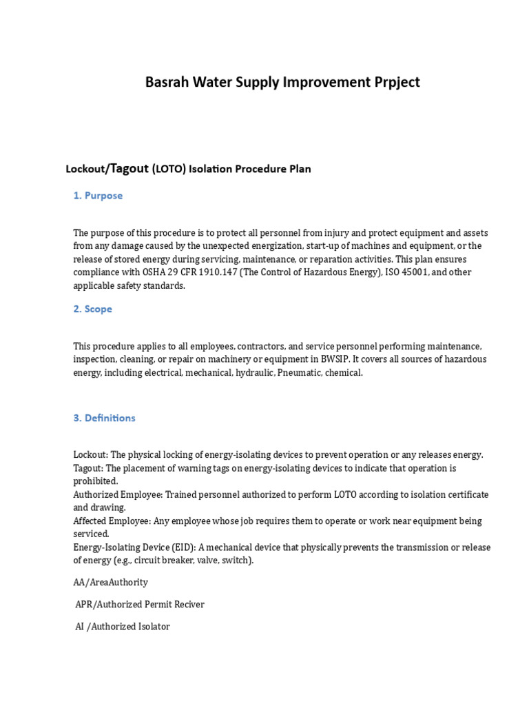LOTO Isolation Procedure Plan AGOS | PDF | Safety
