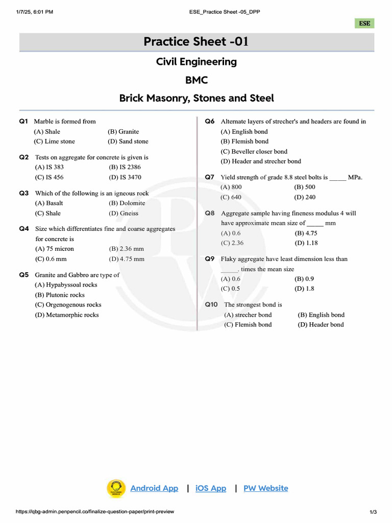 Brick Masonry and Stones and Steel - Practice Sheet-01 | PDF | Rock ...