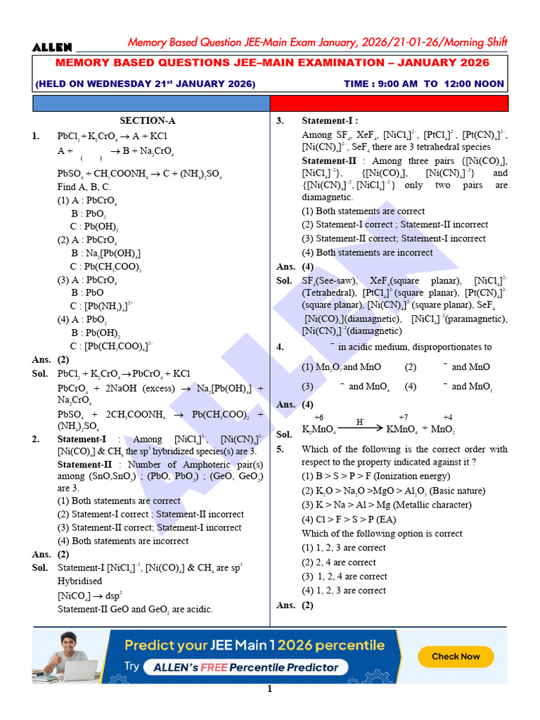 Jee Mains 2026 Che | PDF | Chemical Bond | Isomer