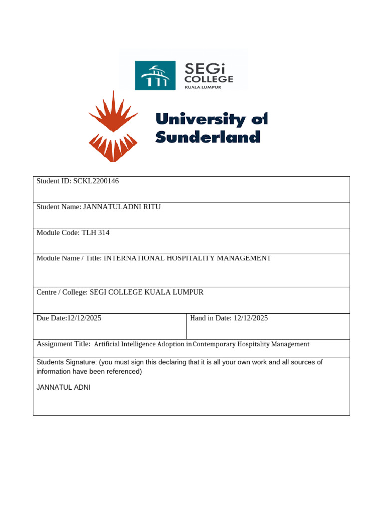 AI Hospitality Management Final SUBMISSION | PDF | Artificial ...