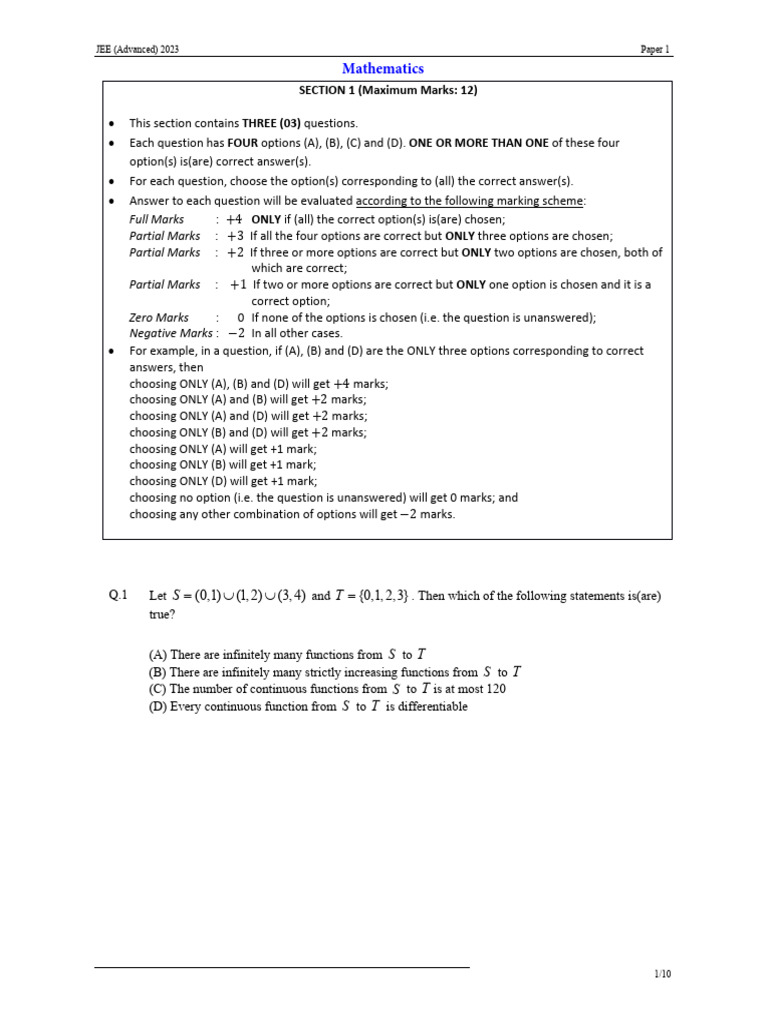 JEE Advanced 2023 Paper 1 PDF | PDF | Complex Number | Function ...