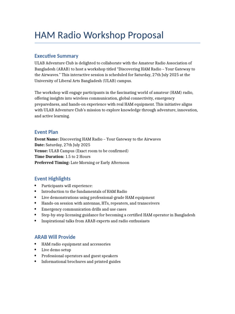 HAM Radio Workshop Proposal ULAB | PDF
