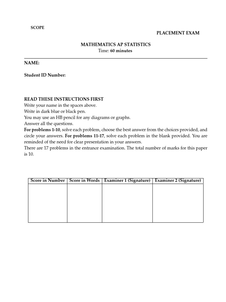 SCOPE Placement Exam AP Statistics Nov 2025 | PDF | Mathematics