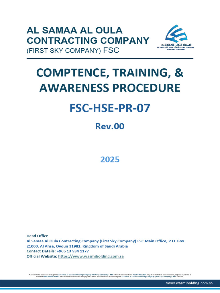 FSC-HSE-PR-07 - Competence J Training J 0 Awareness Procedure | PDF ...