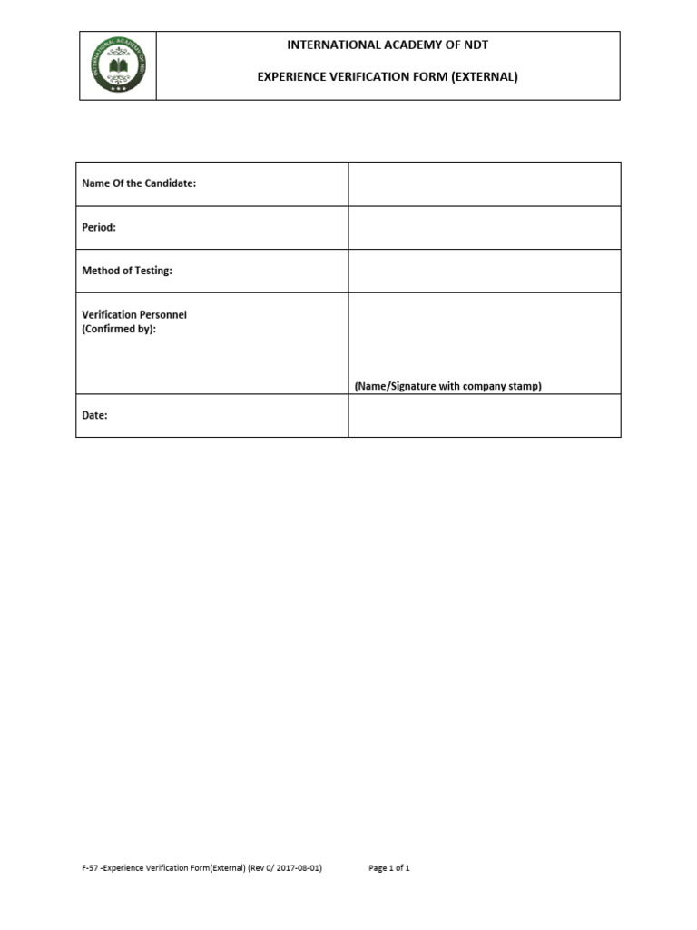 F 57 Form Experience Verification Form (External) | PDF