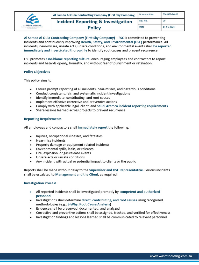 FSC-HSE-PO-08 - Incident Reporting and Investigation Policy | PDF | Safety