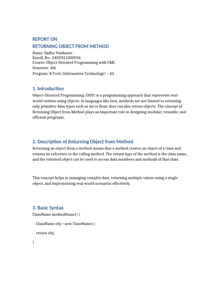 Returning Object From Method Report | PDF | Method (Computer ...