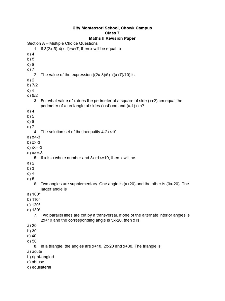 Class 7 Maths II Revision Paper | PDF | Area | Length