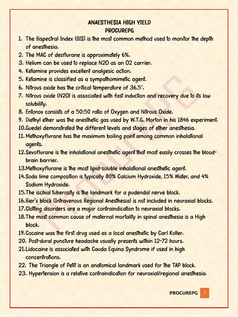 Anesthesia One Liners ProcurePG | PDF | Anesthesia | Nitrous Oxide