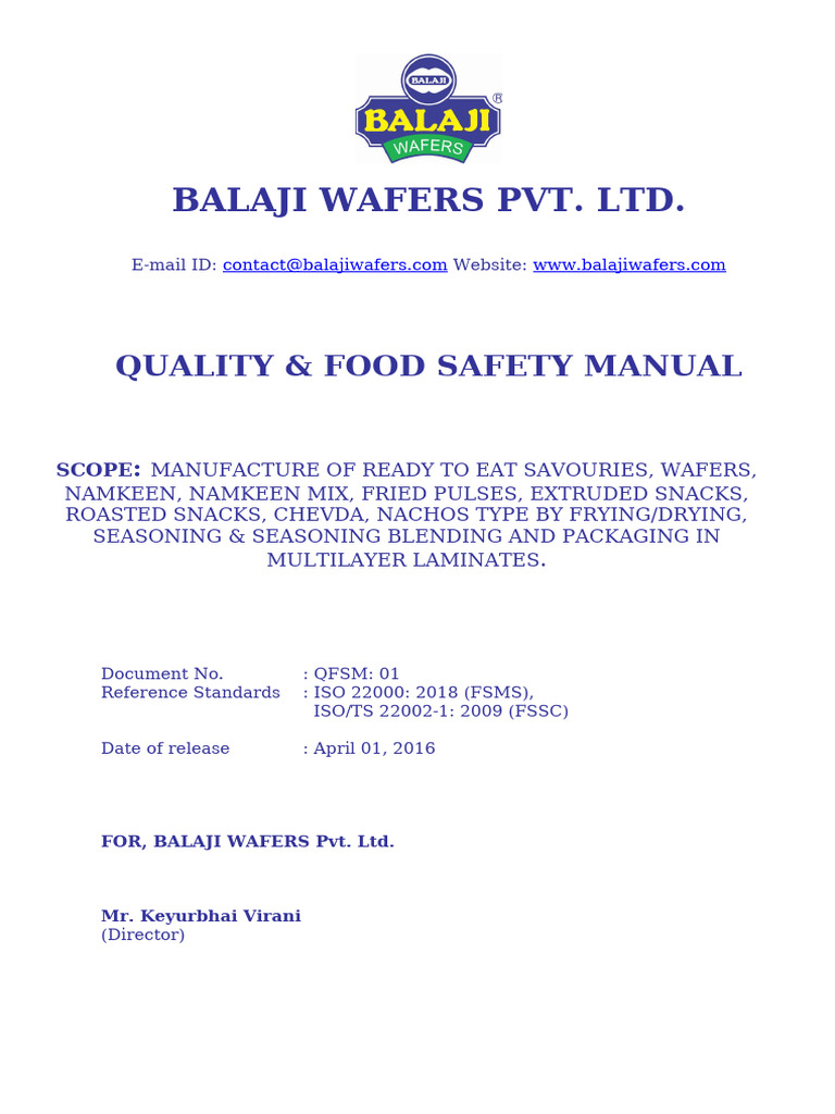 Quality & Food Safety Manual | PDF | Safety | Food Safety