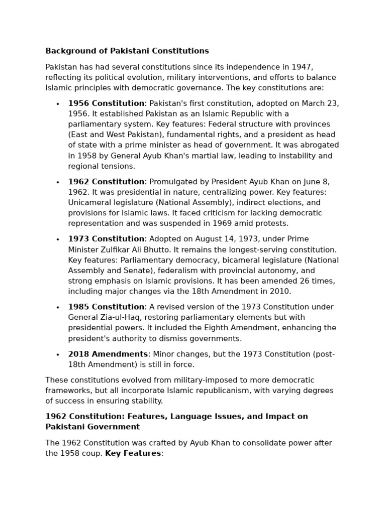 Background of Pakistani Constitutions | PDF | Government Of Pakistan ...