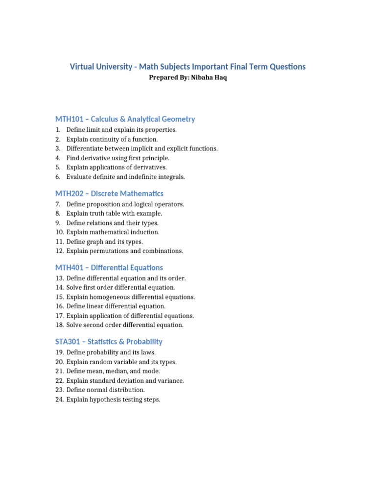 Math Subjects Important Final Term by Nibaha Haq | PDF
