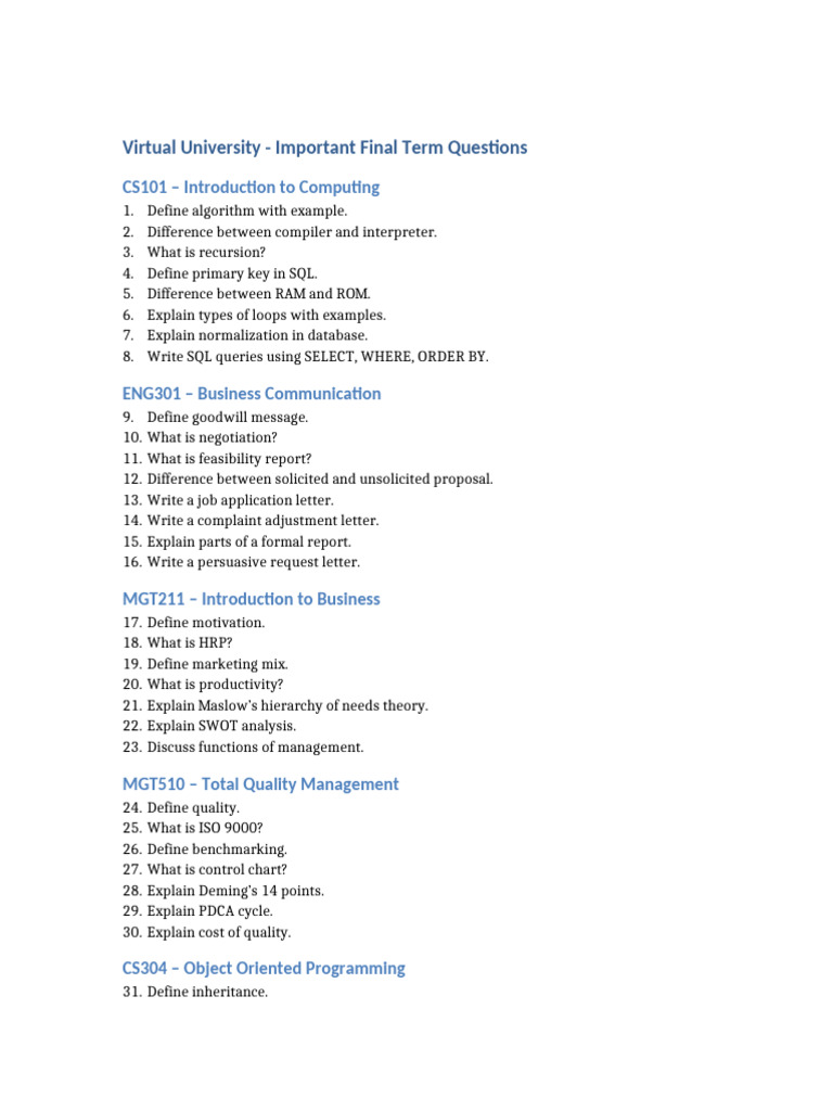 VU Important Final Term Questions | PDF