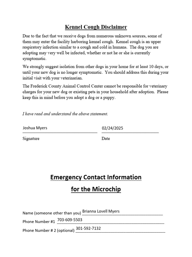 Kennel Cough and Microchip Form (Filled) | PDF