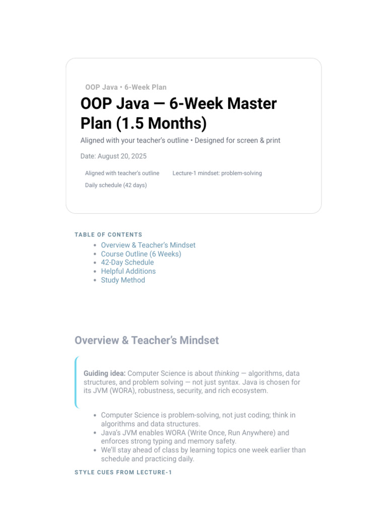 OOP Java - 6 Week Master Plan. | PDF | Method (Computer Programming ...