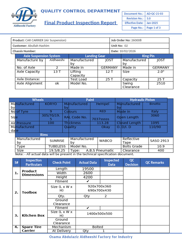 Final Product Inspection Report | PDF | Axle | Transportation Engineering