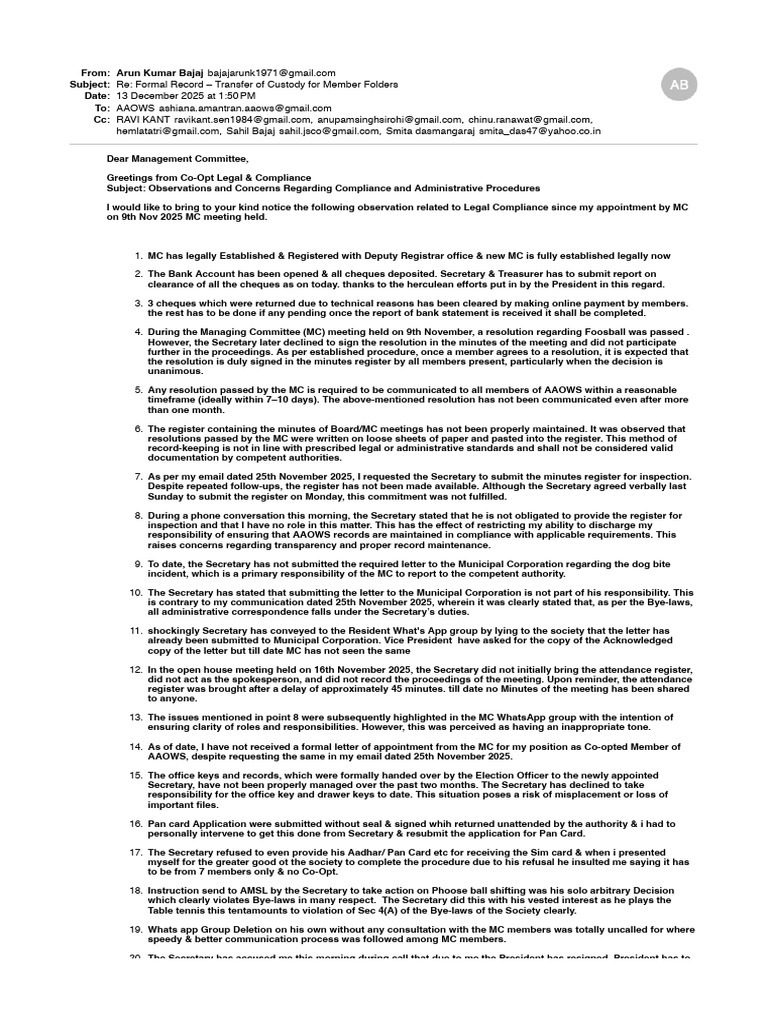 Re Formal Record Transfer of Custody For Member Folders | PDF