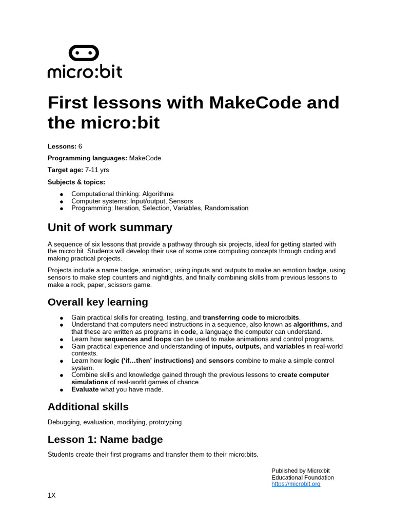First Lessons With Make Code and the Micro Bit Summary | PDF | Computer ...