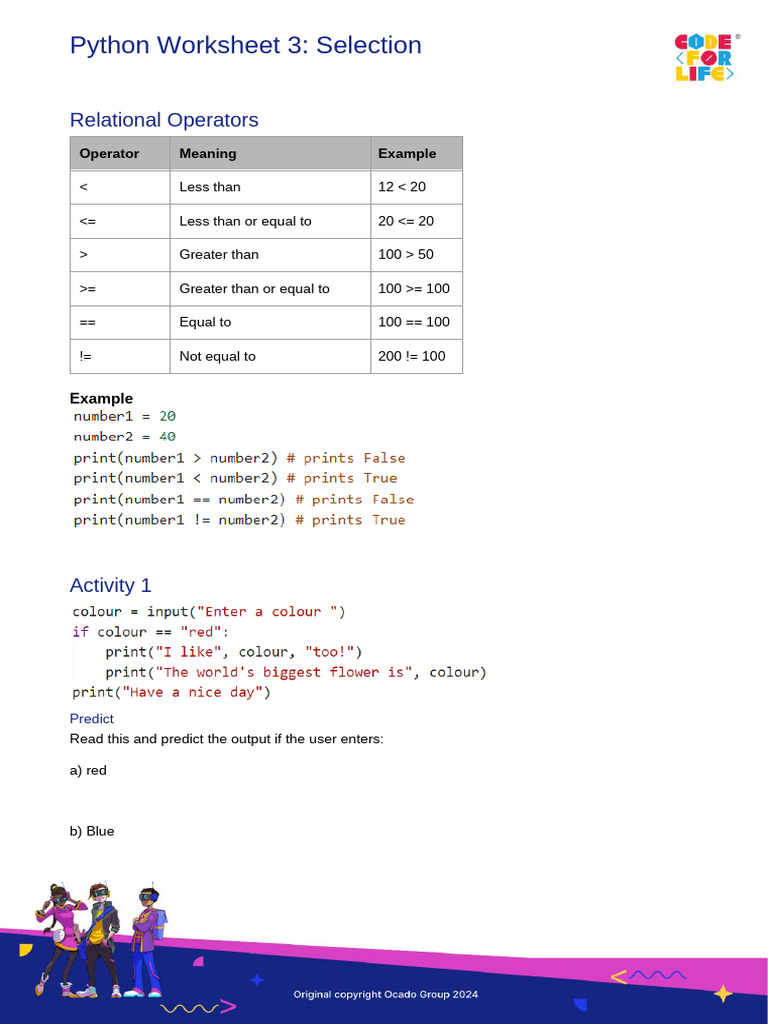 Python Worksheet 3 - Selection | PDF