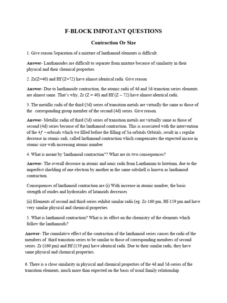 F Block Important Questions | PDF | Lanthanide | Electron Configuration