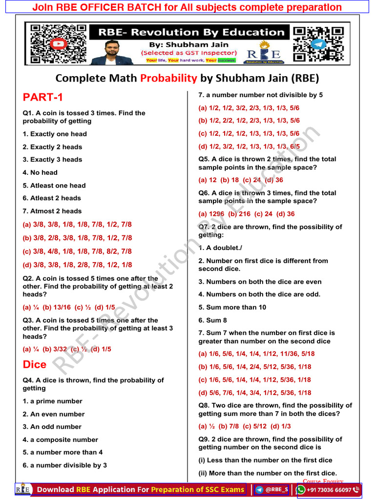 Probability (Eng) Ans Key Format - RBE - Compressed | PDF | Arithmetic