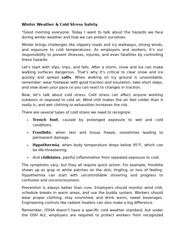 Cold Stress Safety | PDF
