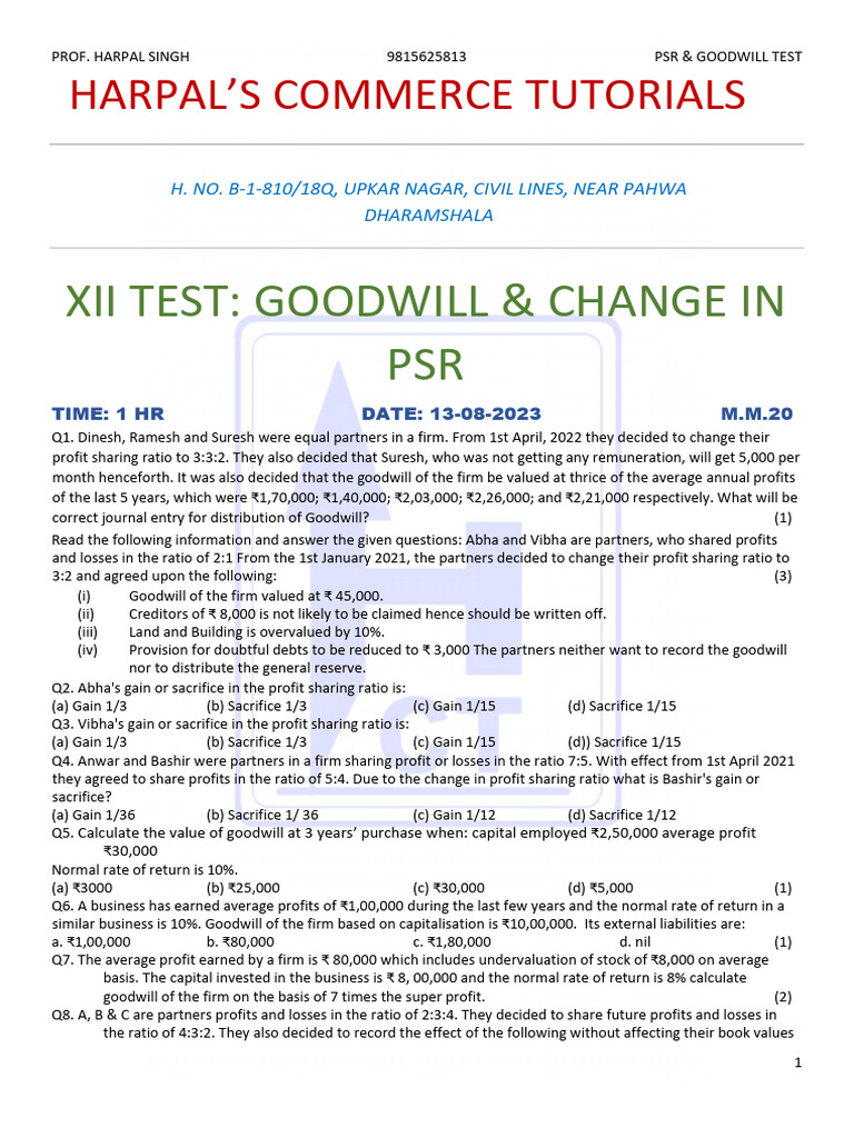Goodwill & PSR Test 13-06-2023 | PDF | Book Value | Investing