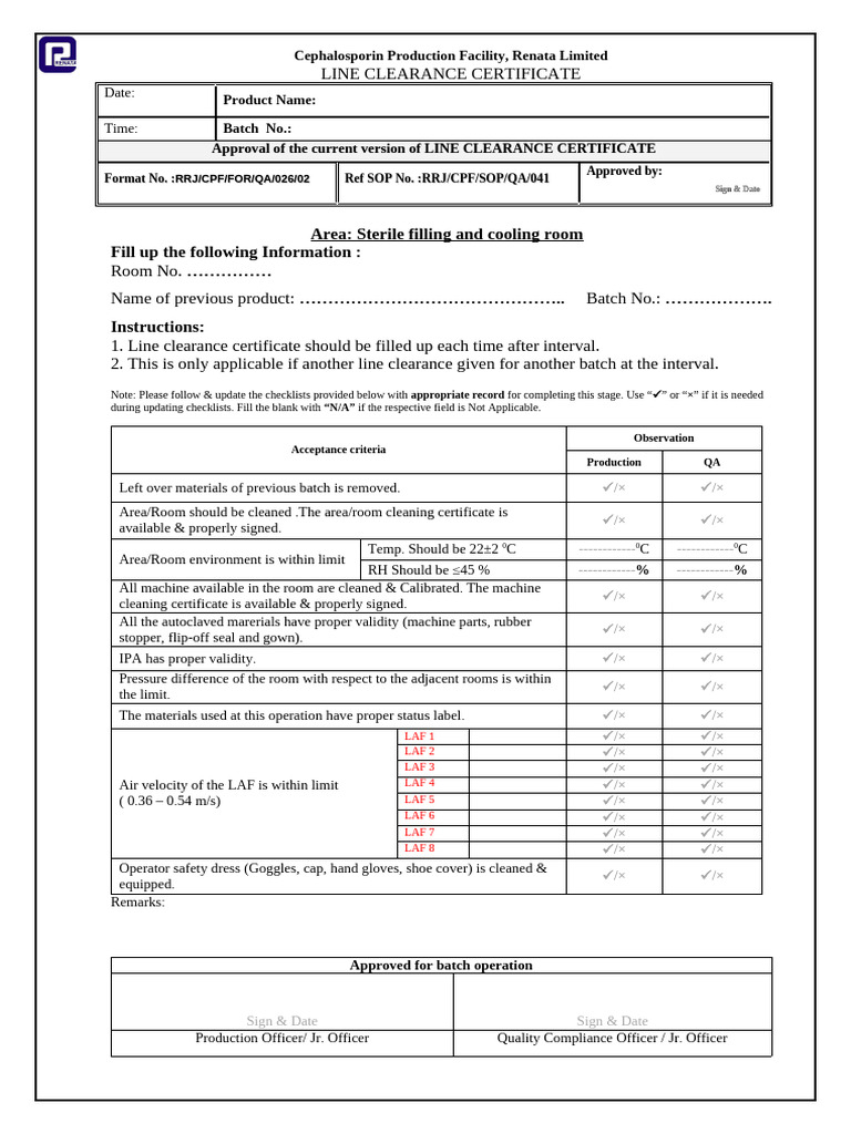 Line Clearance Certificate-V 2 (Sterile Filling Room) | PDF