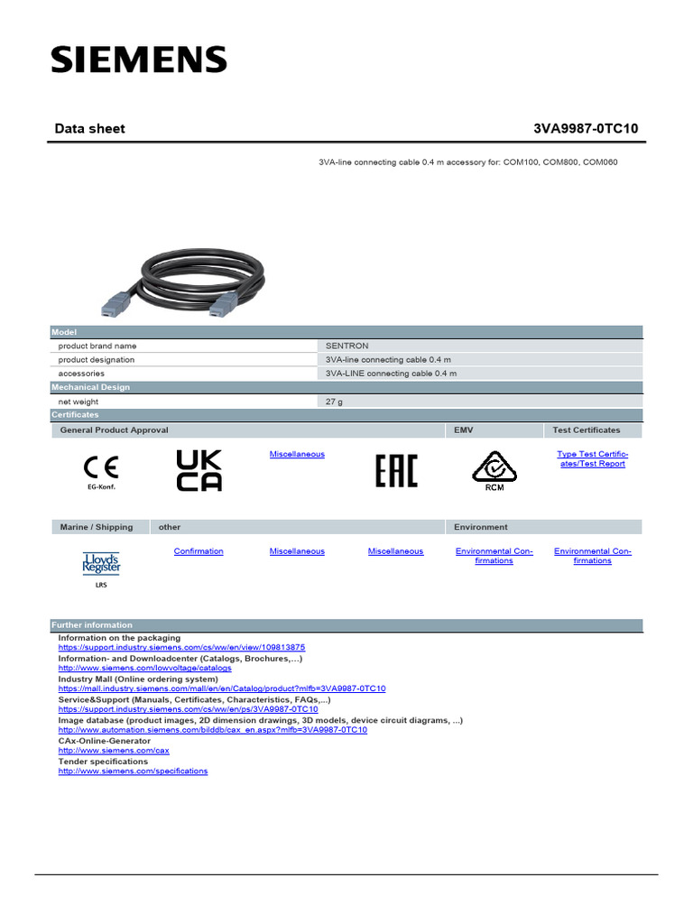 3VA-Line Connecting Cable 0.4 MT 3VA99870TC10 Datasheet en | PDF ...