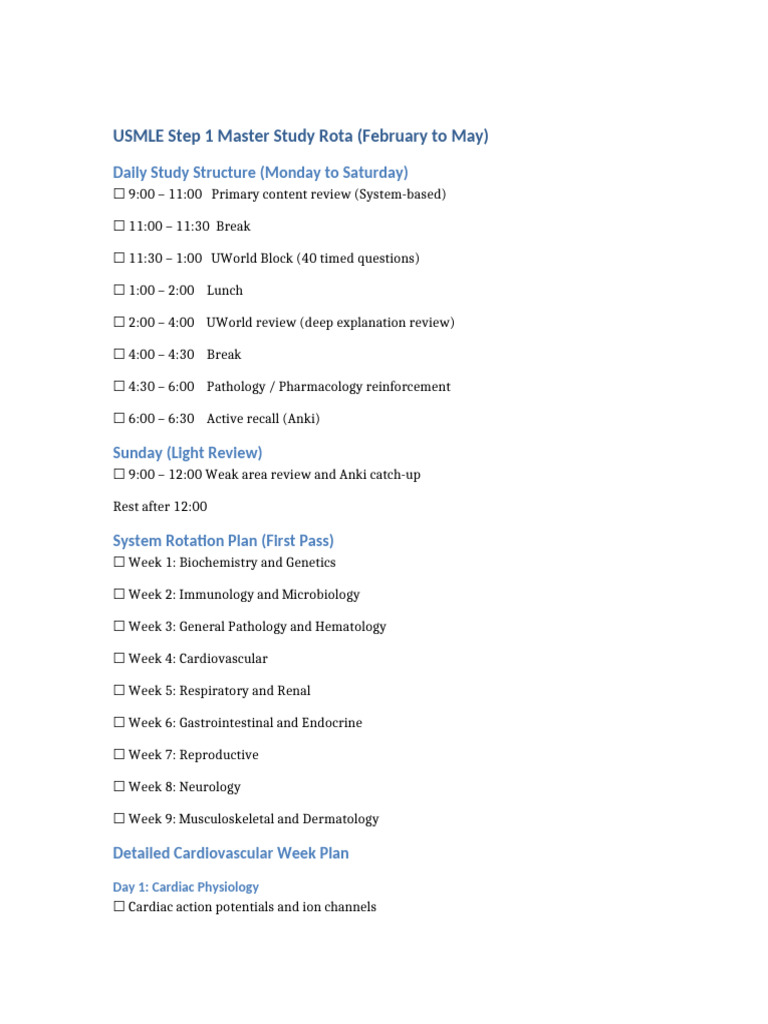USMLE Step1 Master Study Rota With Tracking | PDF