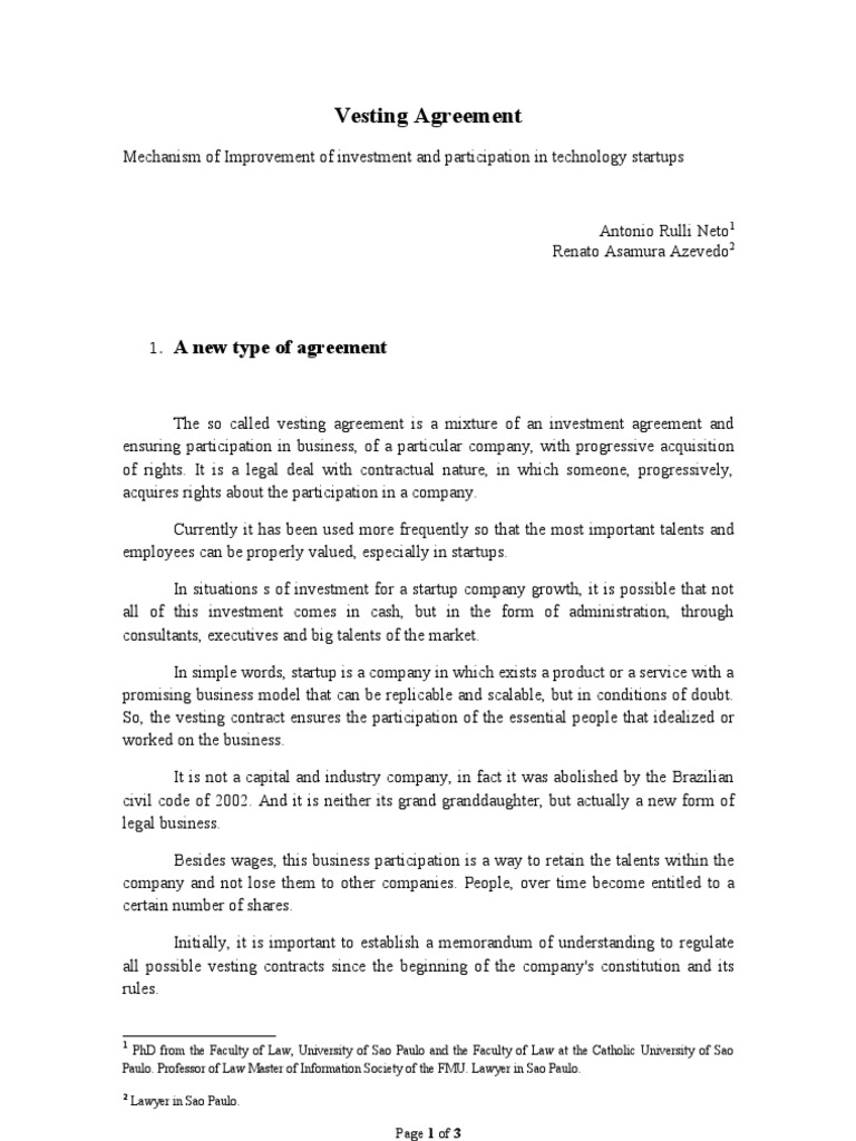 Vesting Agreement  PDF  Startup Company  Small Business Throughout sample shareholder agreement for startup