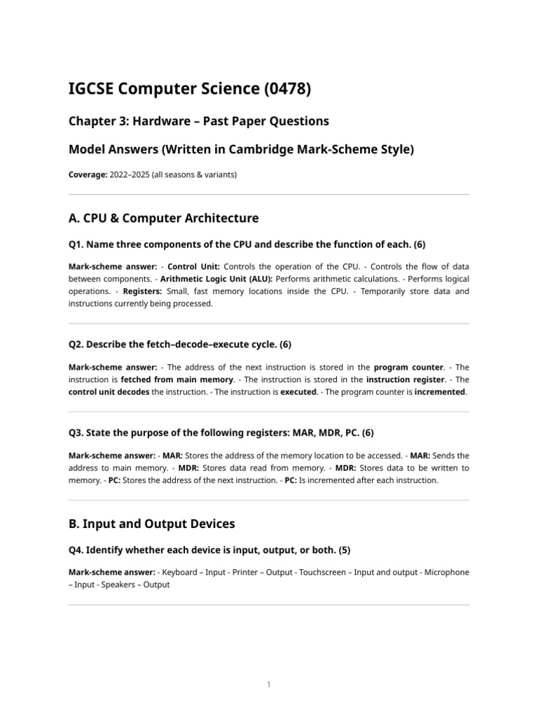 Igcse 0478 Chapter 3 Hardware - Past Paper Questions & Model Answers ...