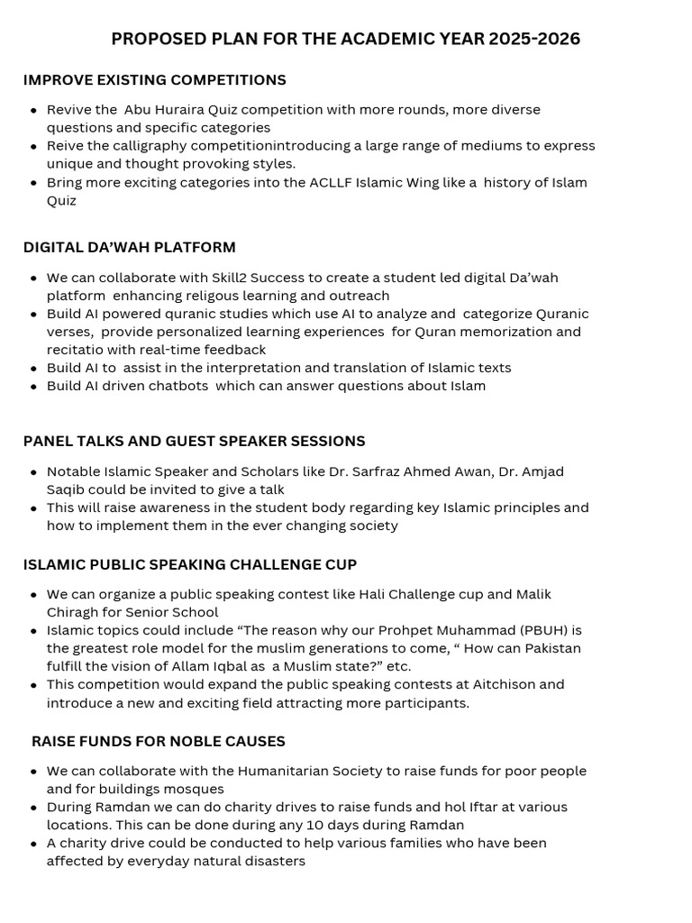 Proposed Plan For The Academic Year 2025-2026: Improve Existing ...
