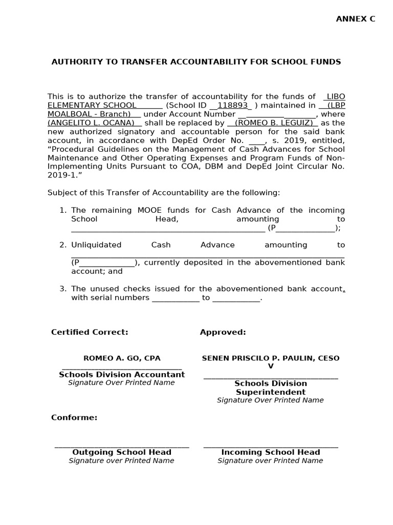 Annex C - Transfer of Accountability For School Funds | PDF
