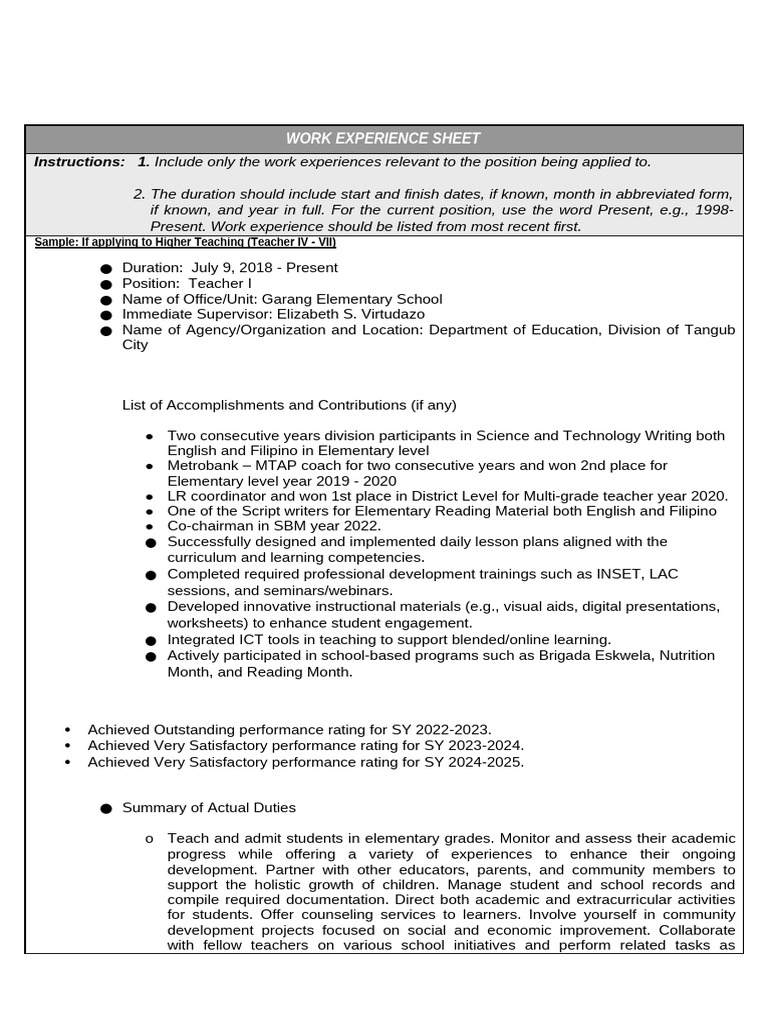 ANNEX H-2 - CS Form No. 212 Attachment - Work Experience Sheet | PDF ...