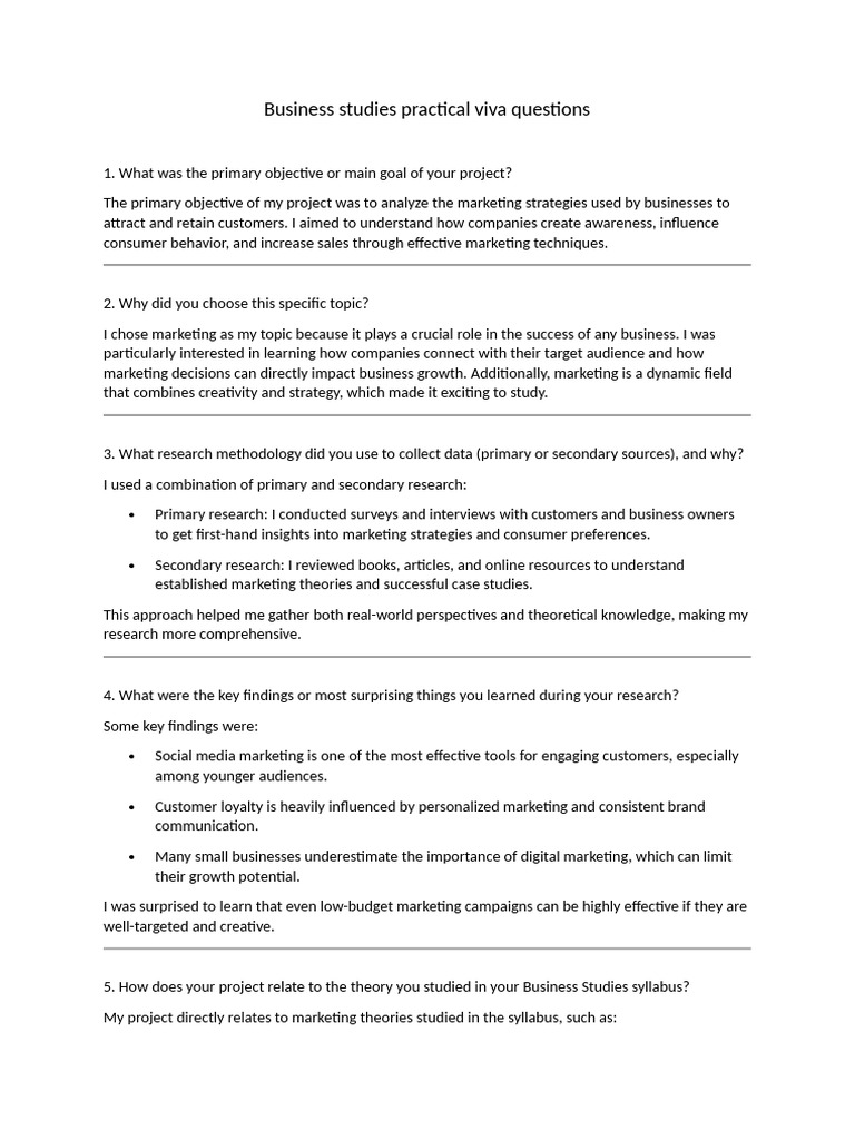 Business Studies Practical Viva Questions | PDF | Marketing | Pricing