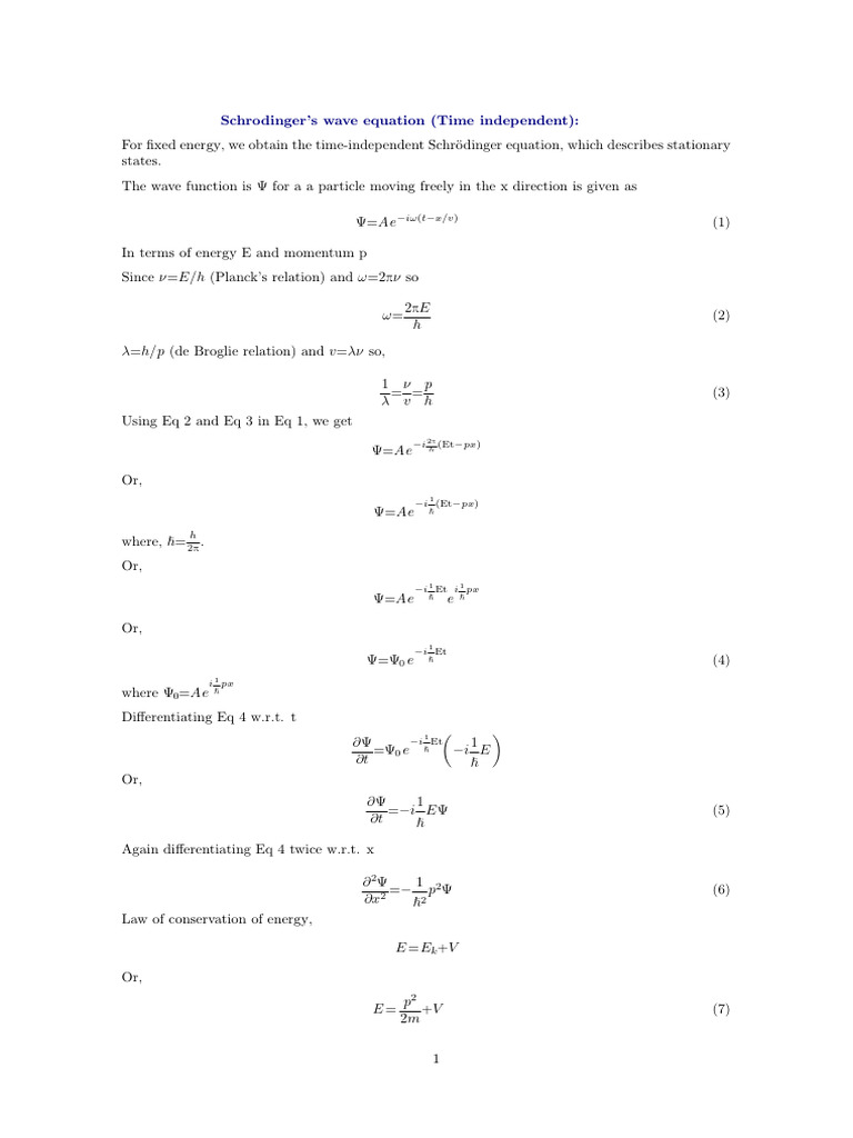 QM Time Independent - Schrodinger Wave Eq | PDF | Schrödinger Equation ...