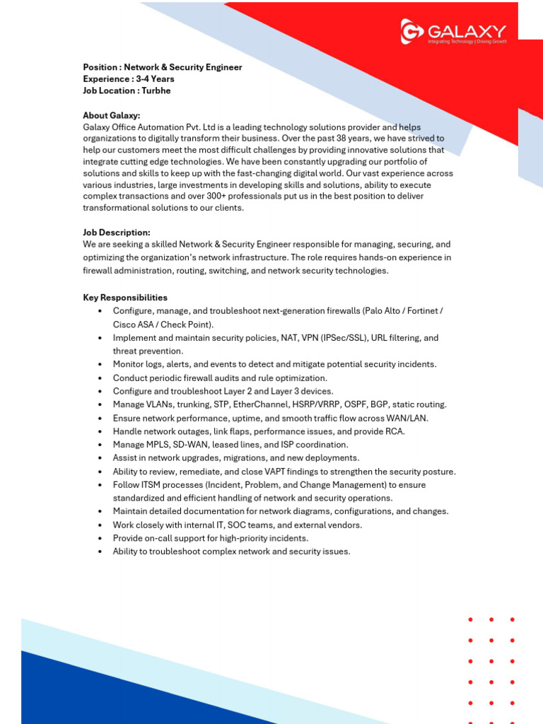 GOAPL - JD - Network & Security Engineer | PDF | Firewall (Computing ...