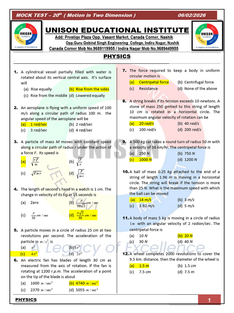UNISON MOCK TEST - 20TH (Motion in 2D) 06022026 | PDF | Force ...