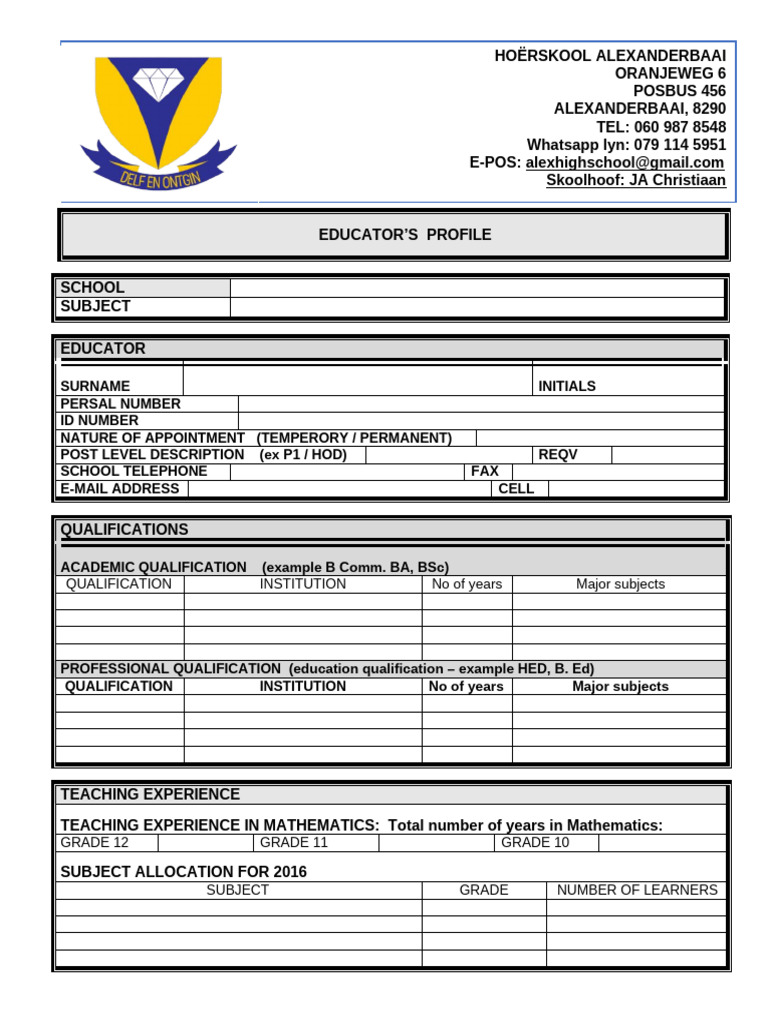 2016 - Teacher Profile Form | PDF